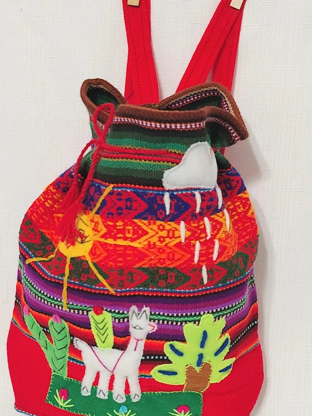 Peruvian Child's Backpack Woven Red Wool With Embroidery Colorful Alpaca & Sun